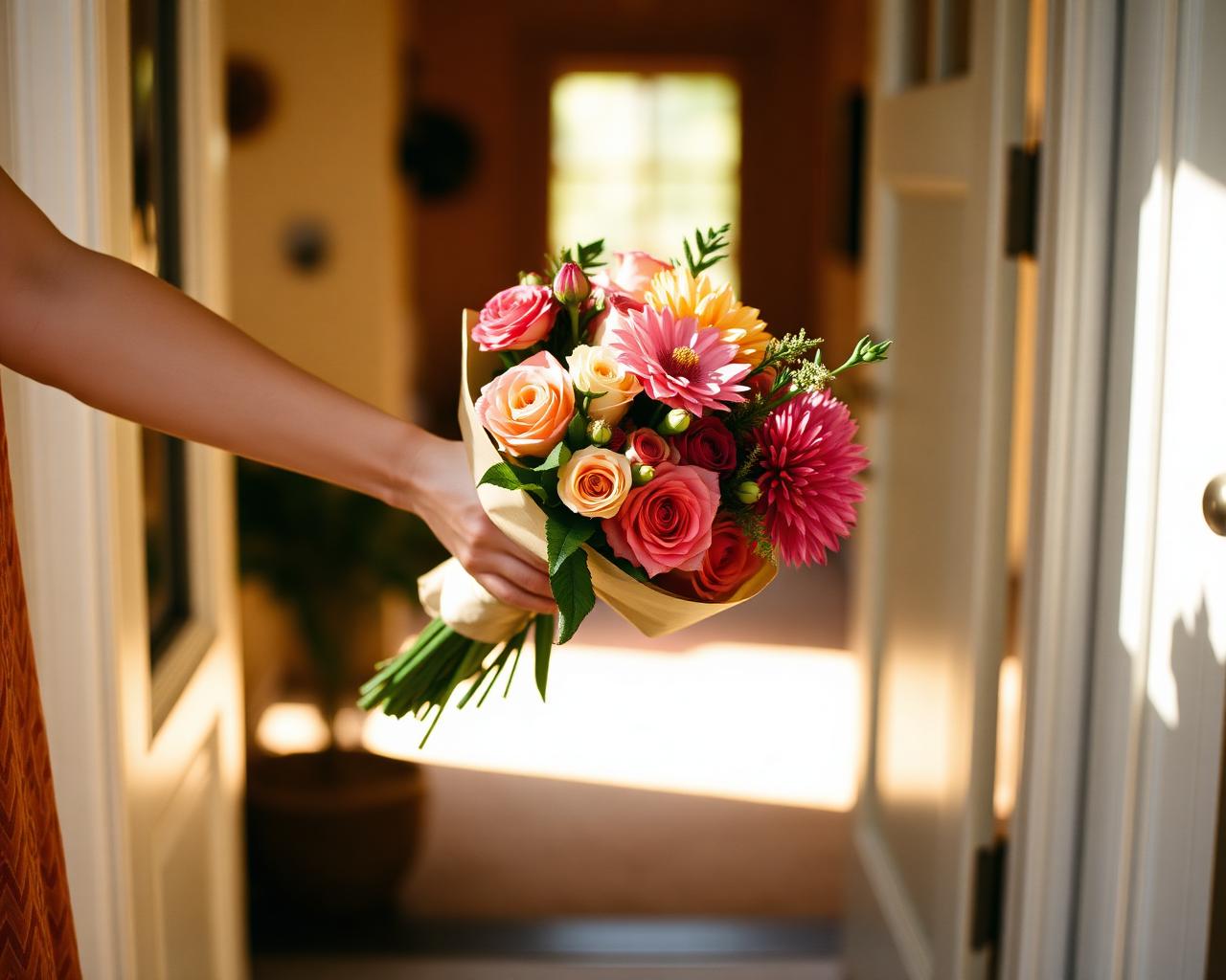 A bouquet handed across a sunlit doorway